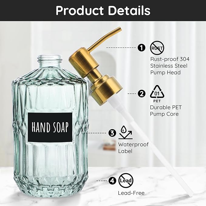 Segbeauty 15.2oz Glass Shampoo and Conditioner Dispenser with Label Stickers, 2pcs Green Glass Soap Dispensers with Stainless Steel Pump, 450ml Lotion Pump Bottle Liquid Containers for Cream Body Wash