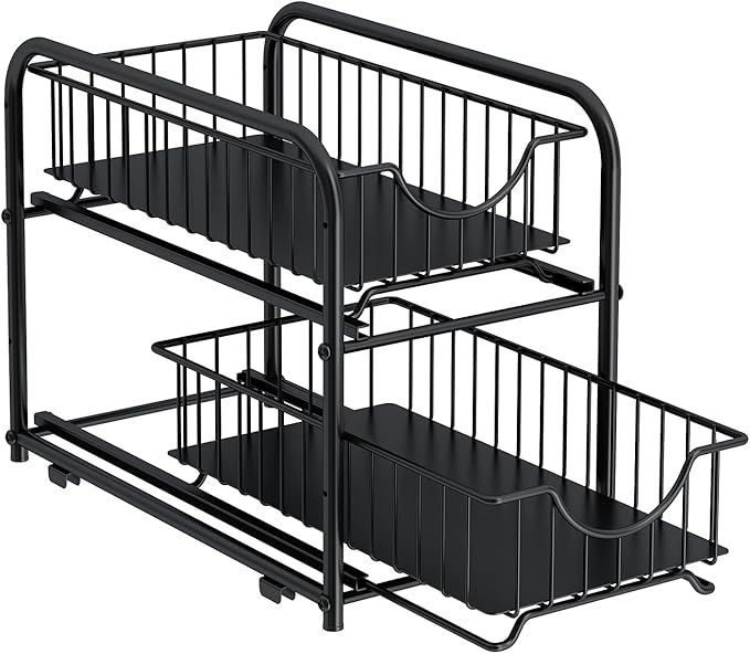 Pull-out Cabinet Organizer, Stackable 2-tier Under Sink Rack, with Sliding Storage Drawer for Pantry, and Desktop, for Bathroom, Kitchen, Office, Black