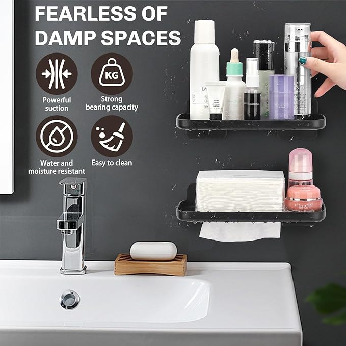 FAYYGYH 2 Pack Adhesive Floating Shelves No Drill Small Floating Shelf for Wall Storage Damage-Free Wall Mounted Organizer for Bathroom, Kitchen, Bedroom & Office (Black-4pcs)