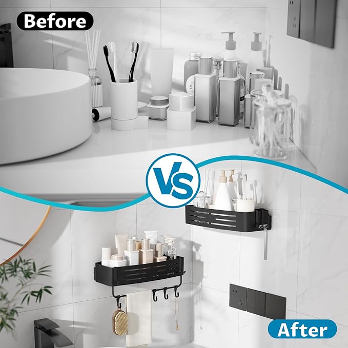 Onemake Suction Cup Shower Caddy, Suction Shower Shelf with Portable Hooks, Bath Organizer with Towel Bar for Bathroom Storage(Matte Black)