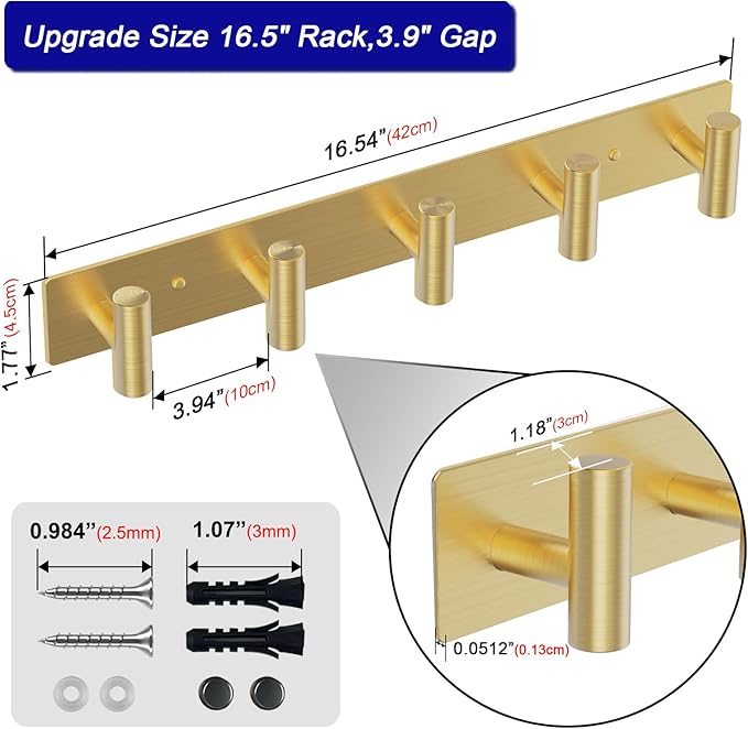 Bntuk Coat Rack Wall Mount - 5 Hat and Coat Hooks, Heavy Duty Towel Racks for Bathroom Entryway, Wall Hooks for Hanging Robes Bags, Hat Rack Key Hanger Organizer (Gold)
