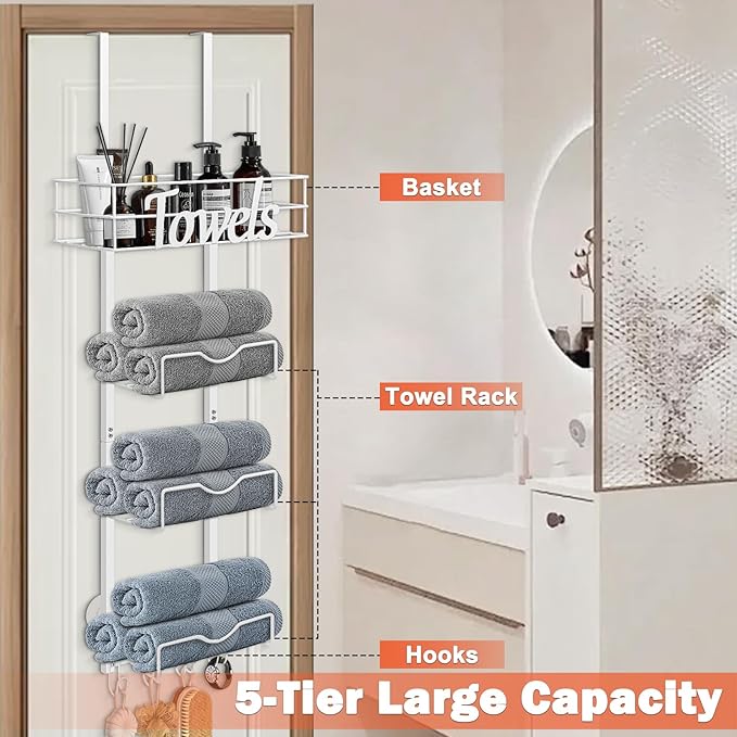 Over The Door Towel Racks, No Drill Towel Storage with Basket & Hooks, Space-Saving Multi-Functional Towel Holder for Bathrooms, bedrooms, Apartments, RVs (White, 5 Tier)