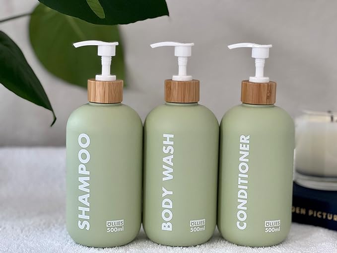OLLIES Shampoo and Conditioner Dispenser, Shower Soap Dispenser for Bathroom, Set of 3 with Permanent Stylish Label, 17oz, 500ml Refillable Shampoo and Conditioner Bottles Green