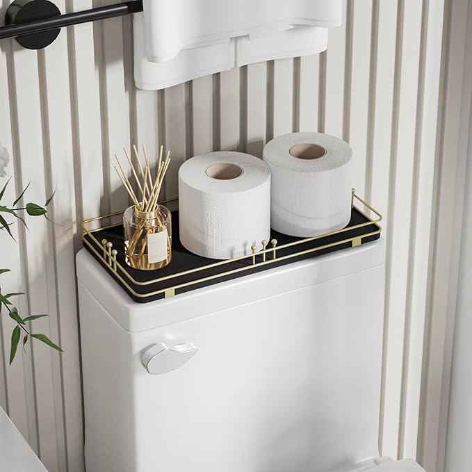 Toilet Paper Basket, Bathroom Basket for Counter Toiletries Towel Decor, Toilet Tank Tray, Guest Back of Toilet Organizer Storage, Vanity Tray for Perfume Makeup, Kitchen 13”x6.5” Black-Gold