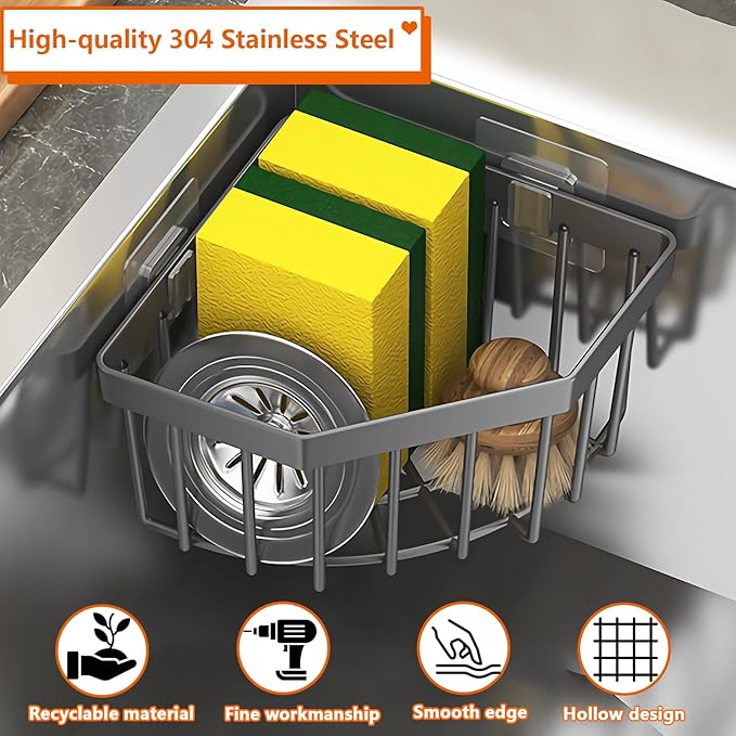 Sink Caddy Corner Kitchen Sink Organizer,CIT ZCFYU Adhesive Sponge Caddy for Kitchen Stainless Steel,Dish Cloth Hanger Sponge Holder Soap Storage Rack for Space-Saving Storage(not for Rounded)
