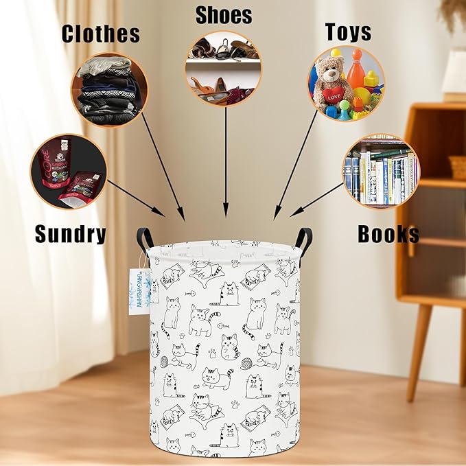 Laundry Basket Canvas Fabric Collapsible Organizer Basket for Storage Bin Toy Bins Gift Baskets Bedroom Clothes Children Nursery Hamper (Cat)