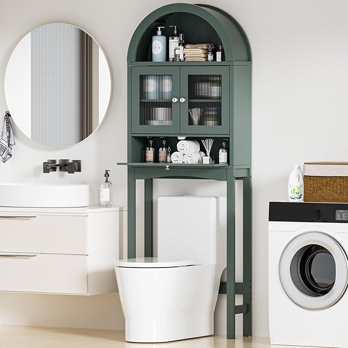 Spurgehom Over The Toilet Storage Cabinet, Bathroom Shelf Organizer Freestanding, Bathroom Arch Cabinet Over Toilet with Glass Door and Anti-Tipping Device, Green