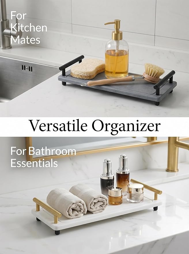 Instant Dry Sink Caddy Organizer,Diatomaceous Earth Bathroom Organizer with Handle Water Absorbing Stone Tray for Sink Water Absorbent Diatomite Coasters (S Gray Black Handle)