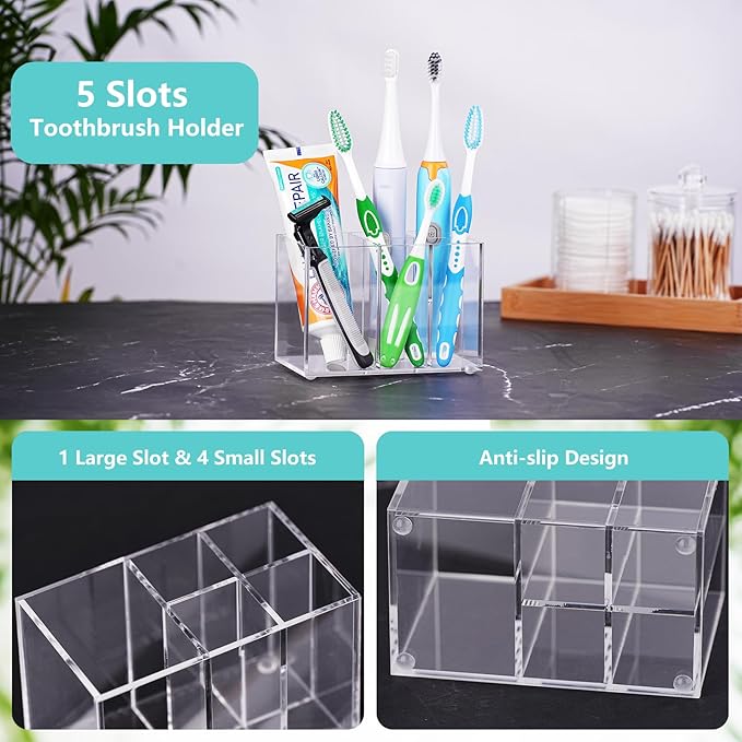 Acrylic Toothbrush Holder for Bathrooms, 5 Slots Clear Toothbrush Holder, Bathroom Accessories Organizer for Toothpaste and Toothbrush