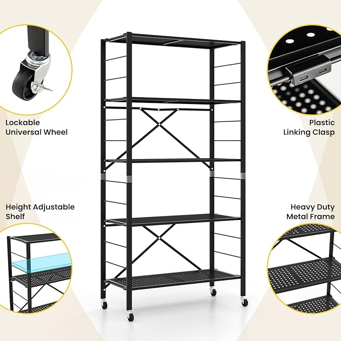 GOFLAME 5-Tier Folding Storage Shelves Set of 2, Adjustable Shelves with Wheels, Detachable Shelving Unit, Large Capacity, Storage Rack for Garage, Kitchen, Balcony, Living Room, Black
