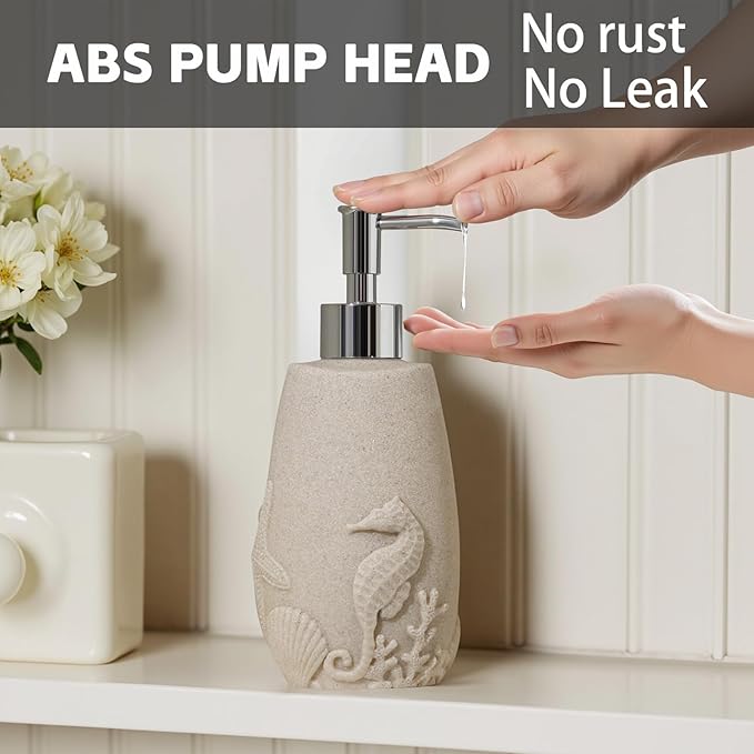 Bathroom Accessories Set, 4 PCS Bathroom Accessory Sets with Soap Dispenser, Toothbrush Holder, Tumbler, Soap Dish, Bathroom Countertop Organizer, Sea Bathroom Decor (Beige)