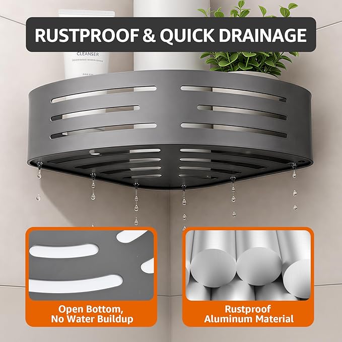 Adhesive Corner Shower Caddy, Bathroom Shower Organizer with Hooks, No Drilling 2-Tier Bathroom Corner Shelves, Bathroom Organiser for Bathrooms Storage (Aluminum, 2-Pack, Gunmetal Grey)