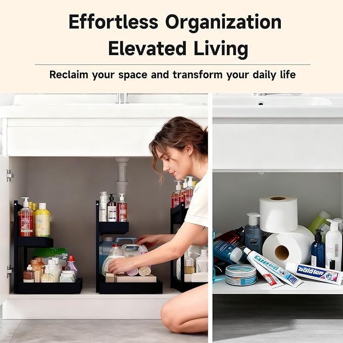Bamboo Undersink Organizer Storage - 2-Tier Cabinet Shelf with Adjustable Levels, Under Sink Storage Slide Out for Cabinet Pantry Kitchen Bathroom (Black)