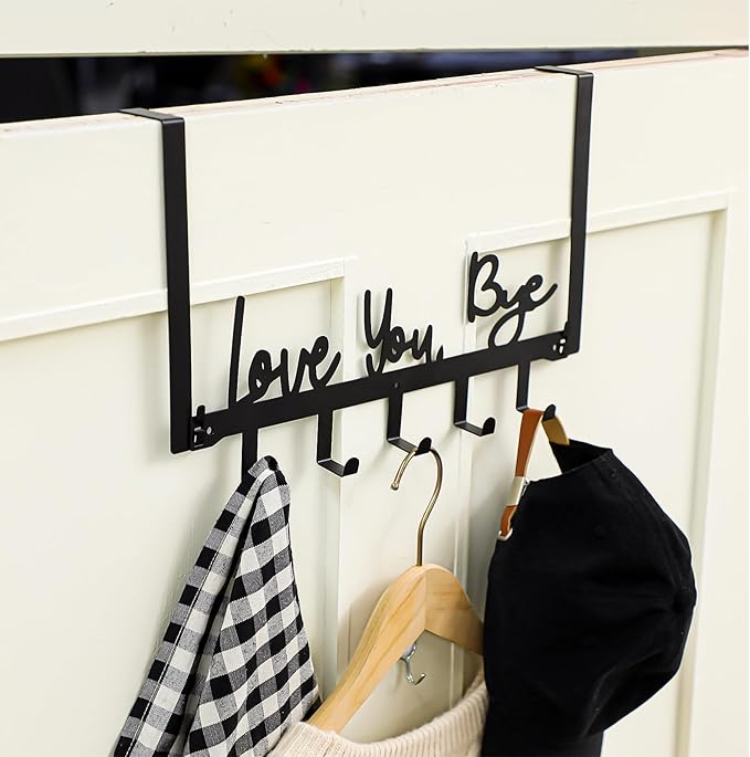 AceOrbit Love You Bye Over the Door Hooks Hanger Wall Mount Towel Hanger Door Holder Organizer 5 Hooks Kawaii Farmhouse Rustic Coquettish Style Decor for Bedroom Bathroom Towel Hat Clothes