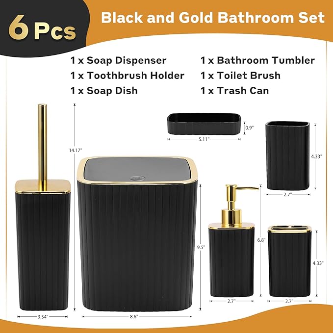 Bathroom Accessories Set-6PC Black Bathroom Set with Toilet Brush, Trash Can, Soap Dispensers and Toothbrush Holder, Soap Dish, Cup, Black and Gold Bathroom Decor for Modern Homes