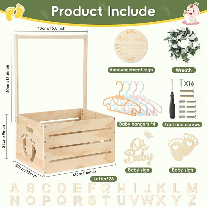 Wooden Baby Shower Crate Closet, Personalized Baby Gift Basket with Hangers, New Born Girl Boy Large Clothes Storage Box for Baby Shower for Pregnancy New Mom Parent