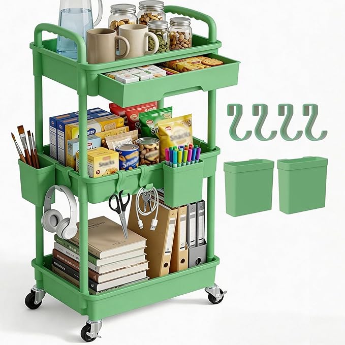 3 Tier Rolling Utility Cart with Drawer, Plastic Storage Organizer Rolling Carts with Wheels Handles Hanging Cups Hooks for Office, Bathroom, Kitchen,Craft Art Room (Green)