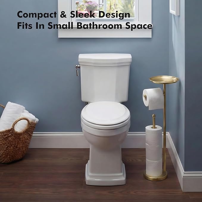 Freestanding Toilet Paper Holder with Shelf, Gold Toilet Paper Stand with Storage Tray and Space for 4 Extra Rolls