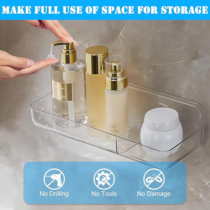 Cerpourt 2PK Bath Toy Storage Holder for Bathtub Large，Acrylic Adhesive Shelves, Adhesive Tape Bathroom Mirror Shelf,No Drilling Capacity Bathtub Toy Organizer Shower Caddy for Bathroom