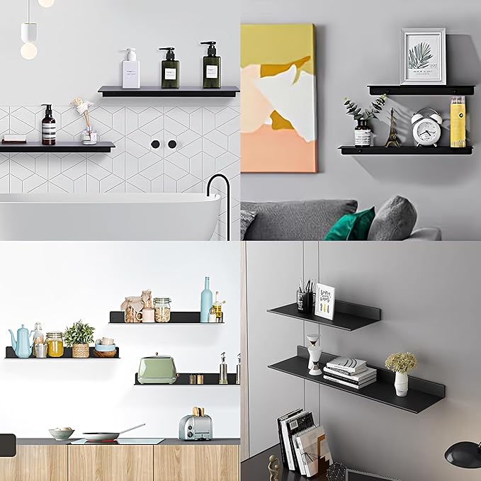 HNVNER Black Shower Shelves Rustproof & Waterproof, 40cm Adhesive Shower Caddy 2 Pack, Metal Bathroom Floating Shelves No Drilling Bathroom Wall Storage Organizer