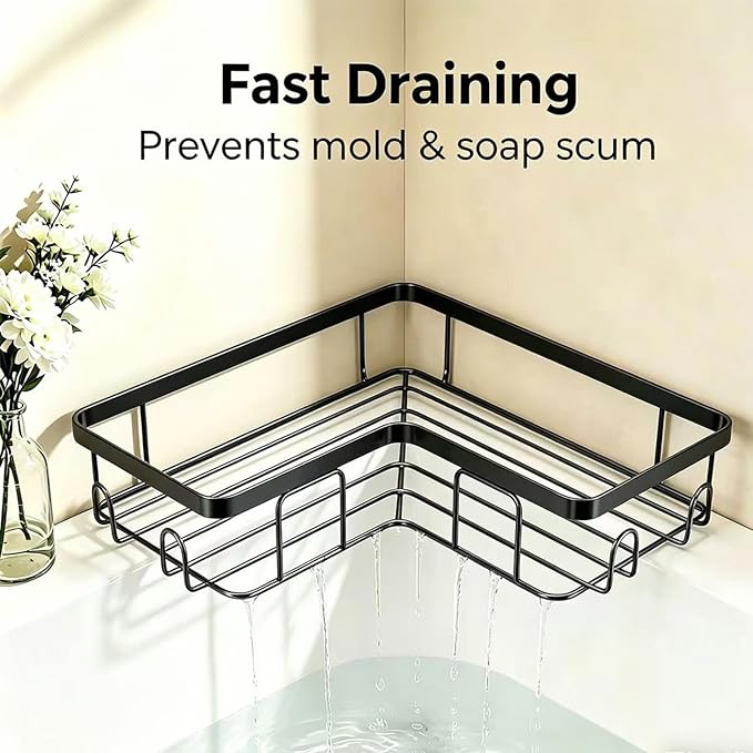 Shower Caddy 2 Pack, No Drilling Adhesive Bathroom Organizer Shelf Rack, Corner Shower Shelf with Hooks for Home Decor & Storage (Black)
