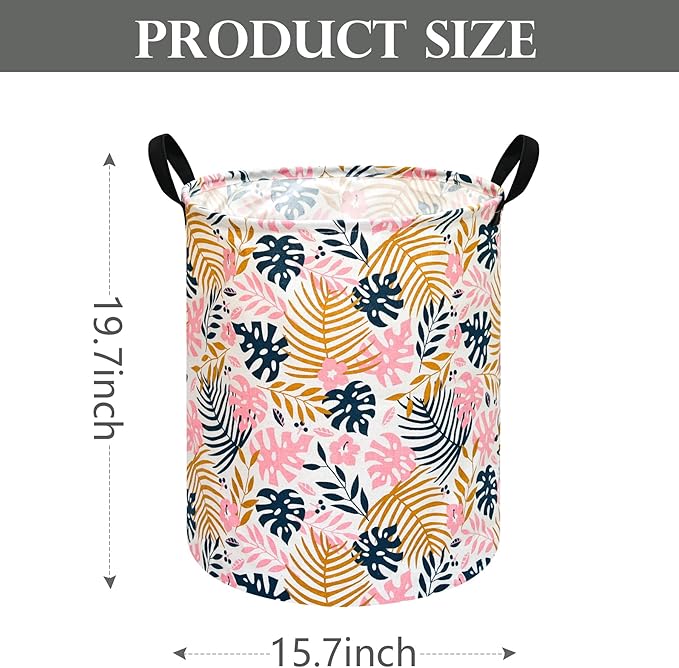 Round Pink Leaves Pattern Laundry Hamper Storage Basket Fabric Material Storage Hamper Organization Basket, Storage Bin, Gift Box with Handles for Room