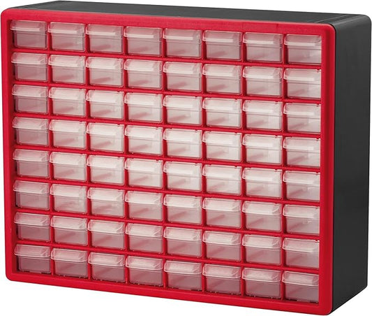 Akro-Mils 64-Drawer Plastic Drawer Storage Cabinet for Garage Organization, Bead Organizer, Building Bricks Storage, Teacher Toolbox, Makeup Organizer, 20" W x 6" D x 16" H, 10164 Red