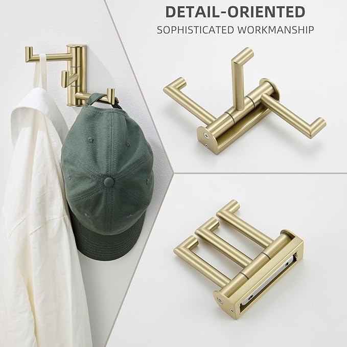 Angle Simple Towel Hook Swivel, SUS304 Stainless Steel 3 Arms Bath Towel Holder, Robe Hook Bathroom Wall, Brushed Gold