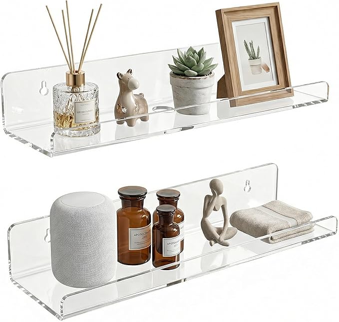 Acrylic Floating Shelves, Adhesive Wall Mount Command Shelves for Bathroom, Kitchen, Dorm - Renter-Friendly Easy Install Wall Shelves for Home Decor and Organization (Fully Clear-2 Pack)