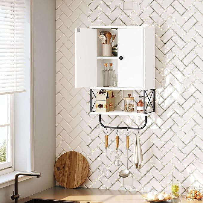 MAHANCRIS Bathroom Wall Cabinet with 2 Door and Adjustable Shelf, Farmhouse Medicine Cabinet with Towel Rack, 3-Tier Wall Mounted Storage Cabinet Over The Toilet for Bathroom Laundry Room, White