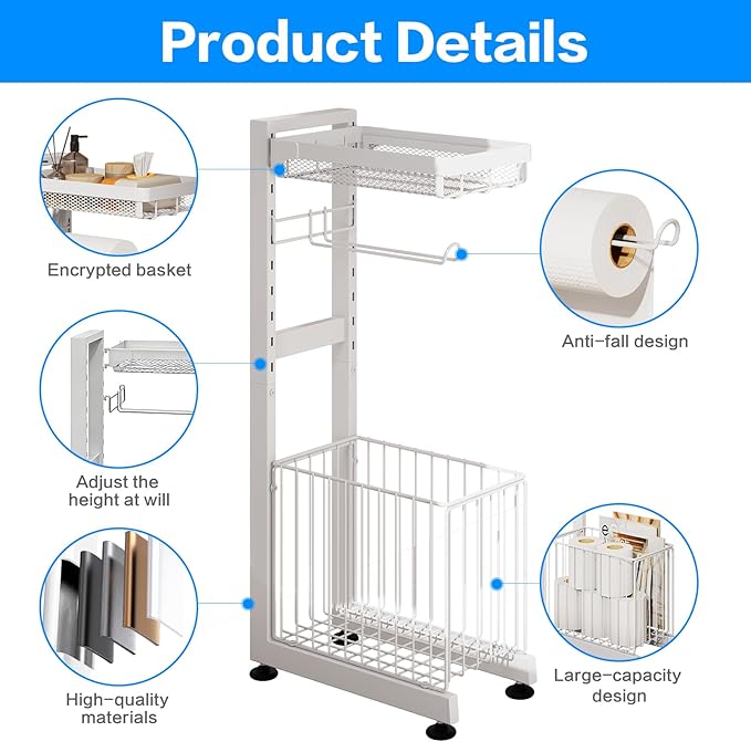 Toilet Paper Holder Stand with Storage Shelf - Multi Tier Metal Toilet Paper Stand with Large Basket for Tissue Rolls, Wipes (White)