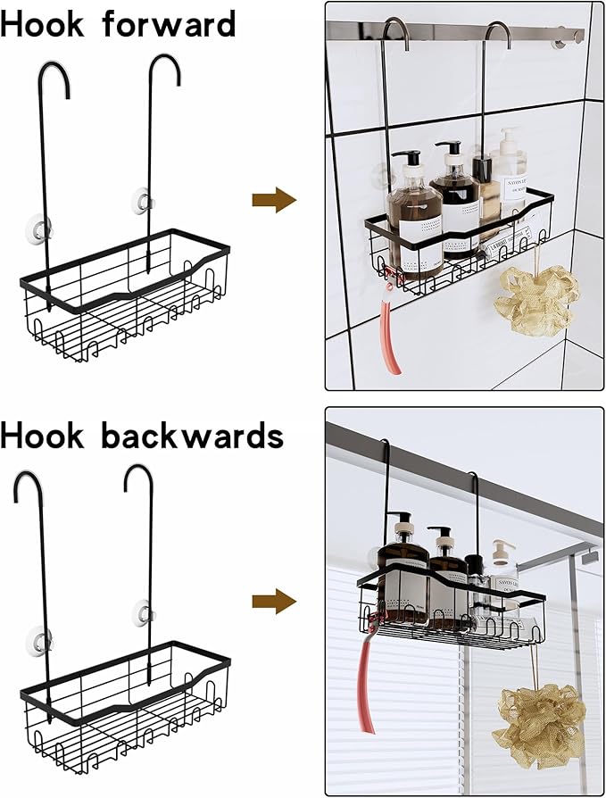 Slizy Hanging Shower Rack, Black Bathroom Storage Rack, Bathroom Door Organizer, Hanging Shower Basket, Shampoo Holder, No Drilling Required, Organizes Essentials, Black(Black Single-tier Shelf)