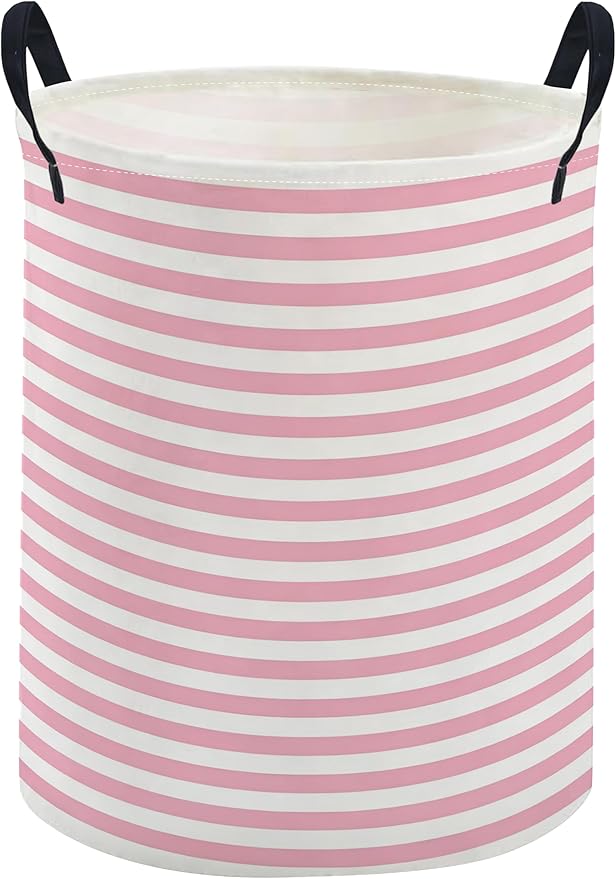 ESSME Kids Laundry Basket,Pink Hamper Collapsible Canvas Waterproof Storage Bin for Girls, Cute Hamper,Gift Baskets(Pink stripes)