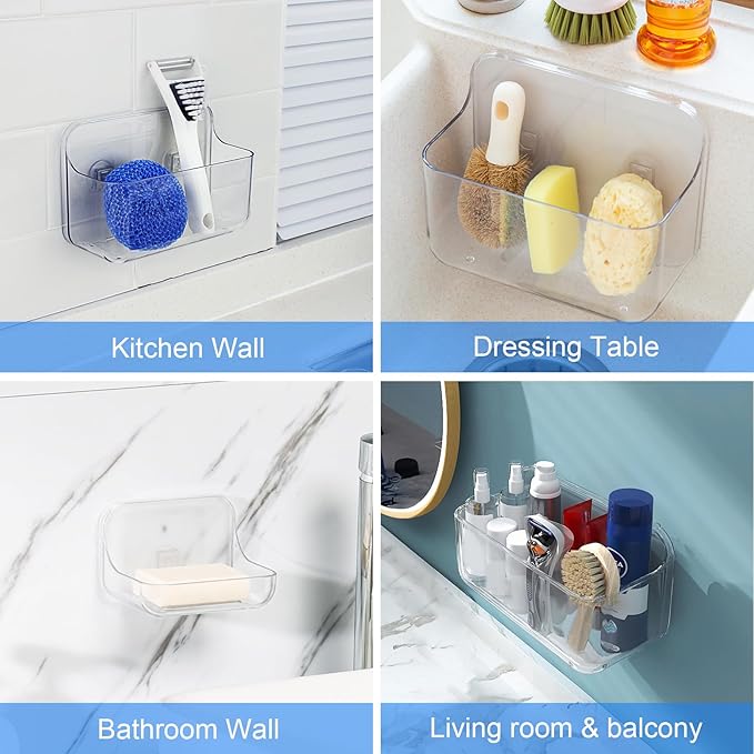 Diesisa 3pc Acrylic Wall Mount Organizer, Adhesive Clear Shower Caddies,Acrylic Soap Basket for wall,No Drilling Hang Walls,with Self Adhesive Tape, for Bathroom, Kitchen, Living Room
