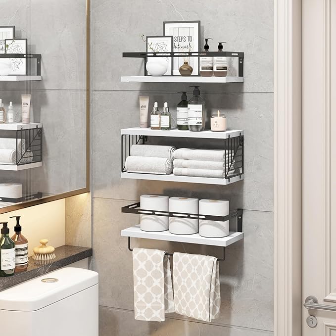Fixwal Wall Mounted Bathroom Shelves Over Toilet, Rustic Wood Floating Shelves with Metal Frame and Towel Bar for Bathroom, Kitchen, Bedroom, Living Room (3 Plus 1 White)