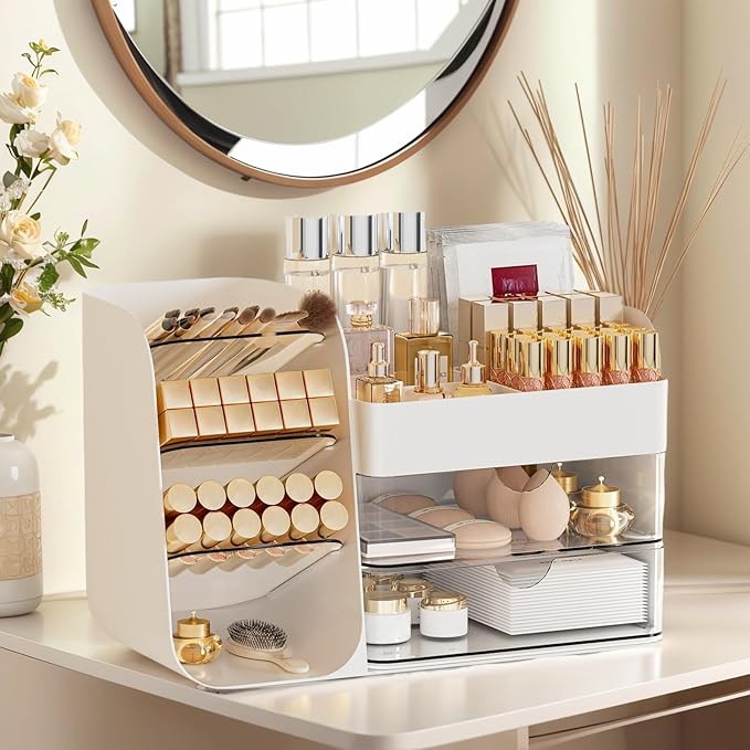 Makeup Organizer with 2 M Drawers & Brush Holders - Cosmetic Storage Case for Vanity, Bathroom Countertop & Desk - Skincare & Office Supplies Organizer (White, M)