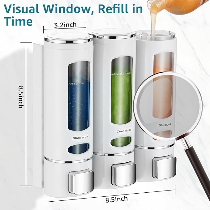 White 3-Chamber Wall Mounted Dispenser for Shower, Bathroom, Kitchen or Hotel - No Drilling Required, Holds Shampoo, Conditioner and Body Wash