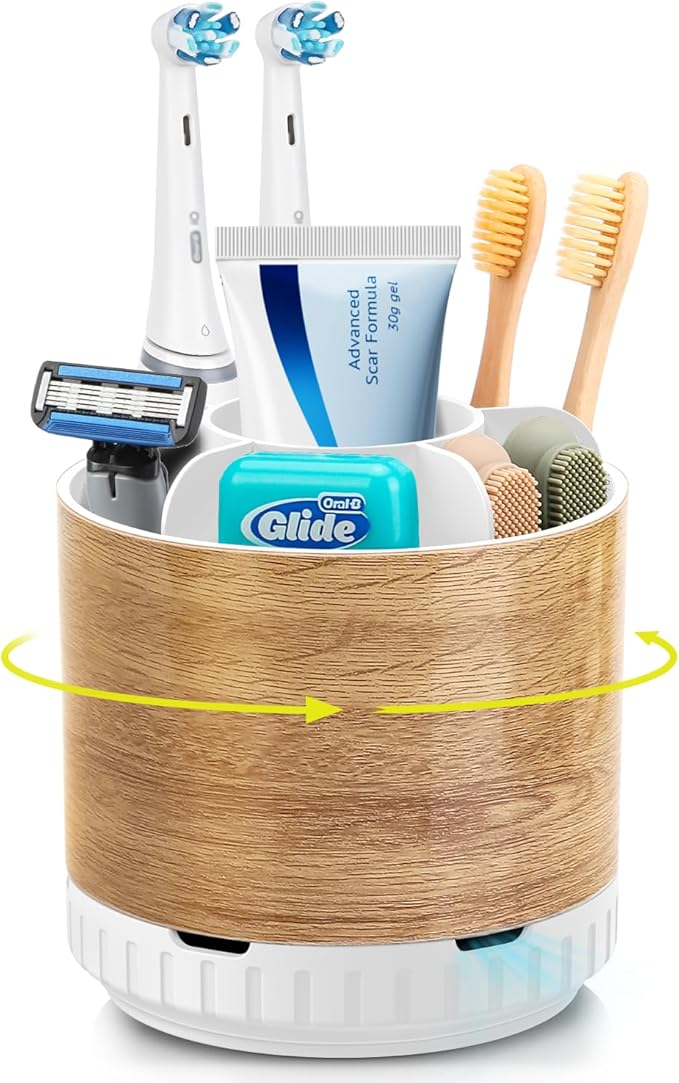 Wood Toothbrush Holders Organizers - Rotating Detachable 6 Slots Electric Toothbrush and Toothpaste Holde for Bathroom Accessories Organization Counter Vanity Sink Storage