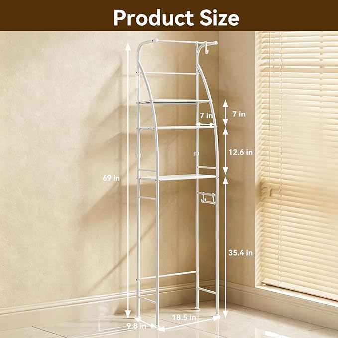3-Tier Over The Toilet Rack,Bathroom Shelf Space Saver,Corner Stand Storage Organizer Accessories,The Over The Toilet Storage,with Hanging Rod,Tower Shelf,White(White-fcksj, one Size)