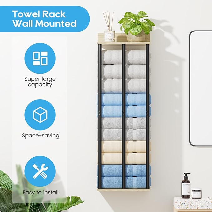Towel Racks for Bathroom Wall Mounted, 3 Bar Wall Towel Rack for Rolled Towels, Metal Towel Holder with Wooden Shelf, Sturdy and Large Capacity, Towel Storage Organizer