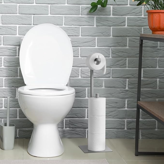 Toilet Paper Holder Stand Silver Bathroom Toilet Paper Roll Holder Freestanding Toilet Paper Holder with Reserve Toilet Tissue Storage Shelf, Holds Up to 4 Rolls of Paper