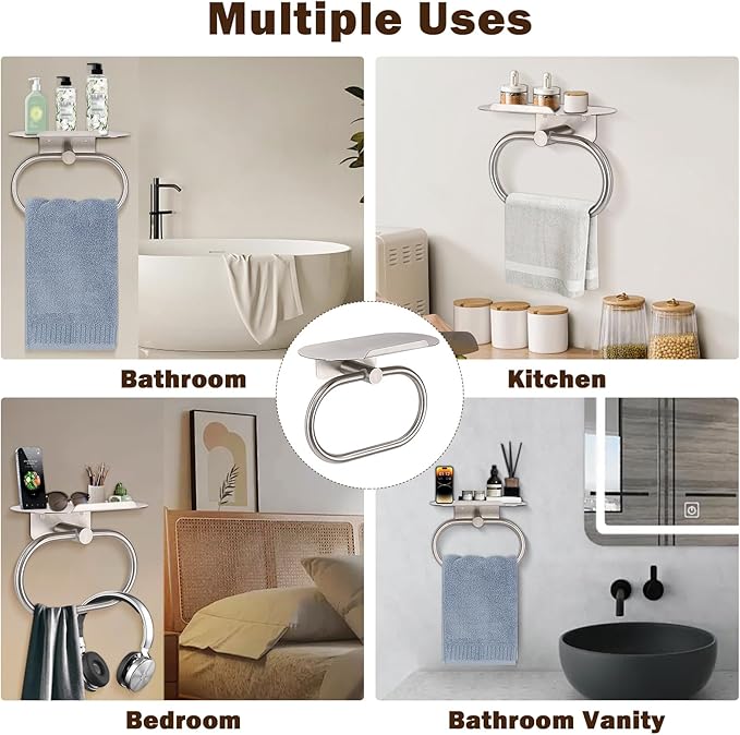 Hand Towel Ring with Shelf, Stainless Steel Hand Towel Holder, Heavy Duty Bath Accessories, Wall Mounted Towel Hanger for Bathroom Kitchen (Brushed Nickel)