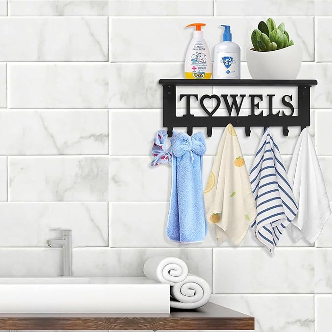 Towel Rack with Shelf 8 Hooks, Bathroom Towel Holder Metal Shelf Organizer, Wall Mounted Storage for Towels, Robes, Clothes in Bathroom, Hot Tub, Kitchen, Bedroom,Home