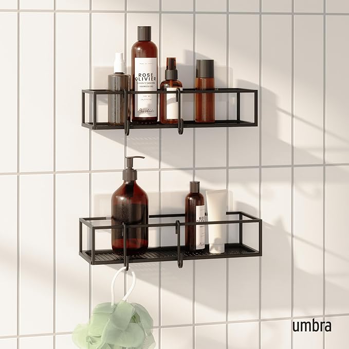 Umbra Cubiko Shower Shelf, Metal Floating Shelves with Adhesive Mounting Strips, 2-Pack, Black