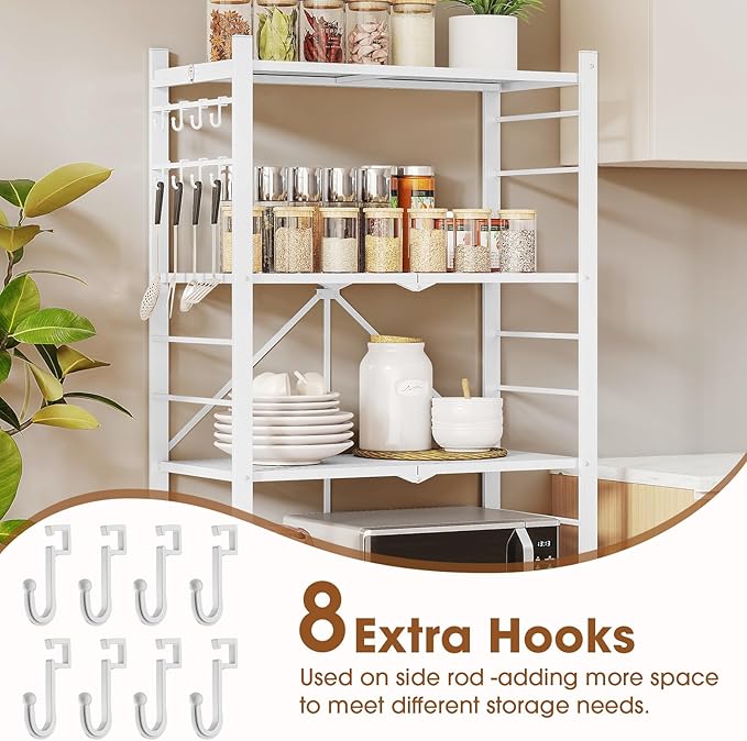 5-Tier Folding Metal Storage Shelf with Wheels & Hooks, Heavy Duty Utility Rack, No-Assembly Collapsible Organizer for Kitchen, Garage, Office, Living Room – 750 lbs Capacity, Black (White, 5-Tier)