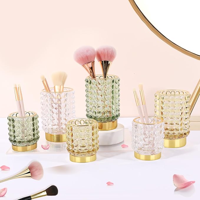 DASITON Makeup Brush Holder Organizer, Crystal Cosmetic Make Up Brush Holder, Glass Makeup Brushes Storage Organizer, Vintage Make Up Cup Desk Pen Pencil Holder, Toothbrush Holders (Clear S+L)