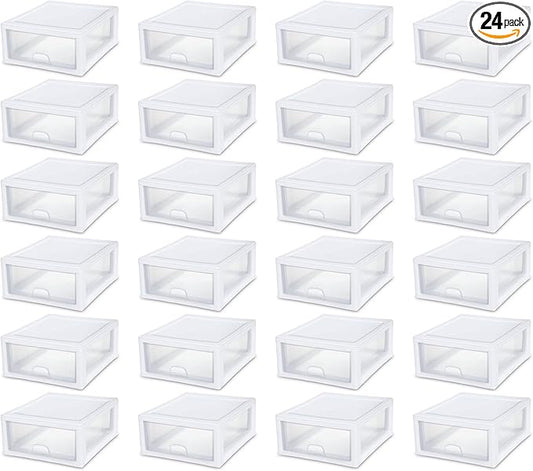 Sterilite 24-Pack 16 Quart Stacking Drawer, Clear Storage Closet Organizer, White Frame - Stackable Modular Plastic Drawers for Clothes, Accessories, Craft Supplies, Shoes or Linens