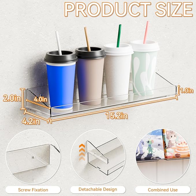 Yieach 4 Pack Clear Shower Shelves for Tile Walls,Adhesive Acrylic Bathroom Shelves Organizer and Storage,No Drill Acrylic Shower Wall Caddy & Shelf,Floating Shelves for Makeup,Perfume,Shampoo Holder