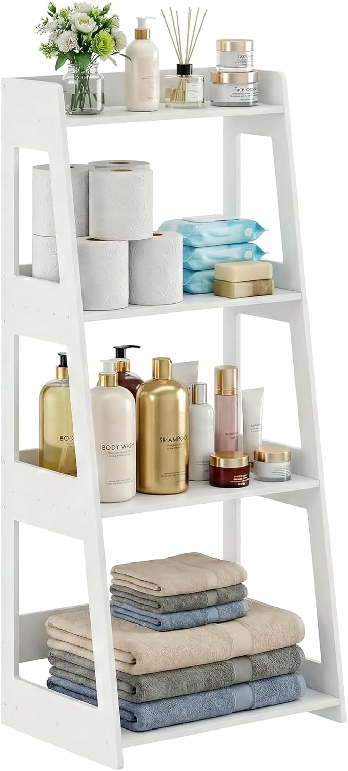 4-Tier Ladder Shelf, White Bathroom Shelves Freestanding Open Shelving Unit Bookshelf, Side End Table for Living Room Kitchen Bathroom(11.8”D x 15.7”W x 38.6”H)