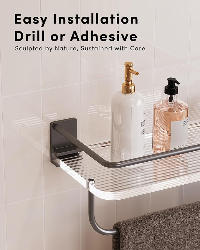 Onlysky Adhesive Bathroom Shelves, Acrylic Floating Bathroom Shelves, Rental Friendly Wall Shelf No Drill(Grey, 15.7 Inches)